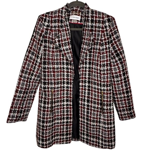 Calvin Klein Plaid Tweed Topper Jacket Womens 2 Red Black White Long Blazer Coat - Picture 1 of 12